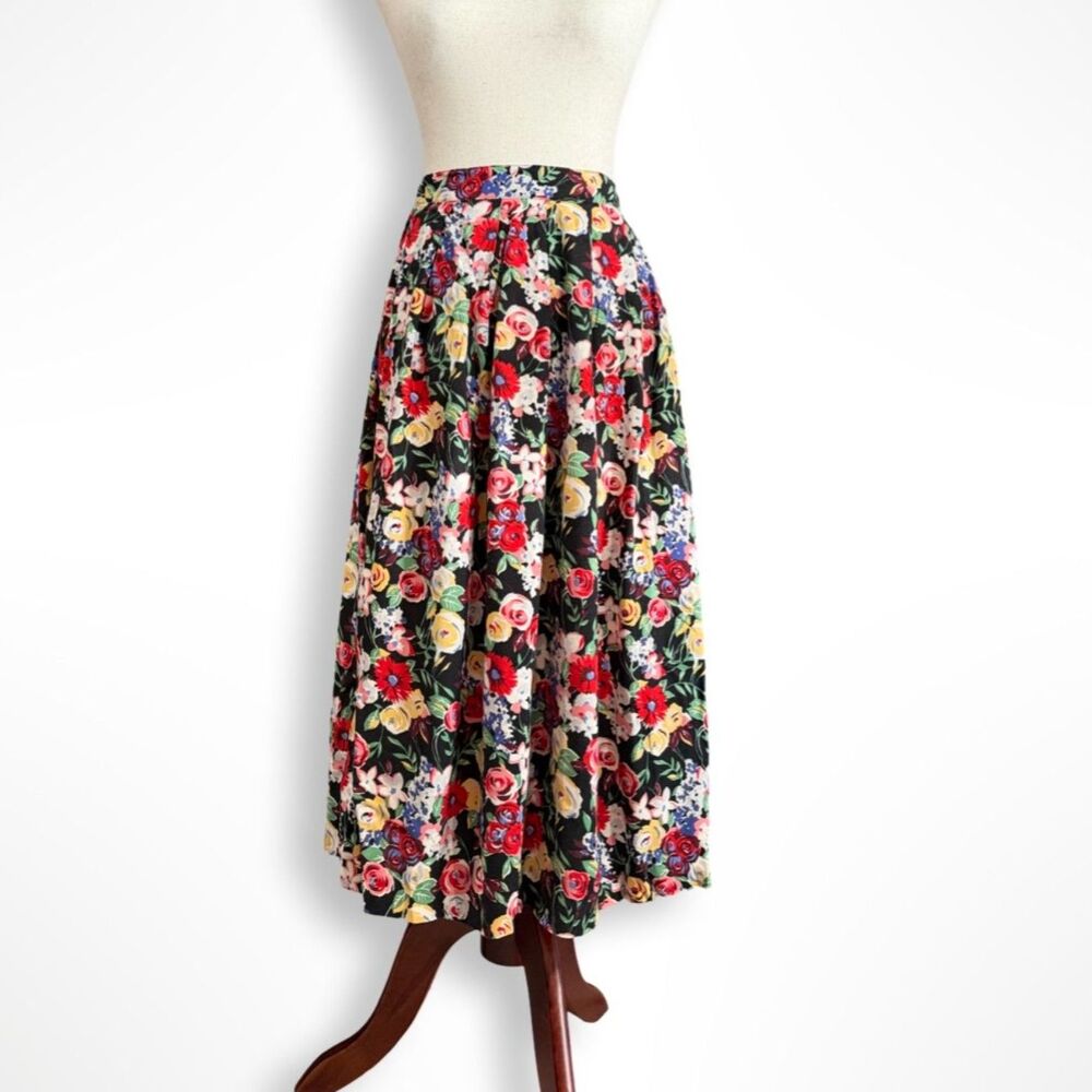 VTG Koret 90s, 80s Women's Black and Red Floral Midi Skirt, 8 M, Prairie Cottage